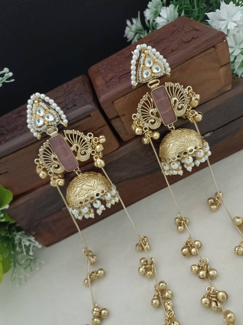 Gold-plated kashmiri long jhumka earrings with pearl & ghungroo chains