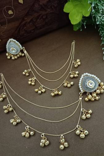 Gold-plated kashmiri ear chains with multi-layer ghungroo drops