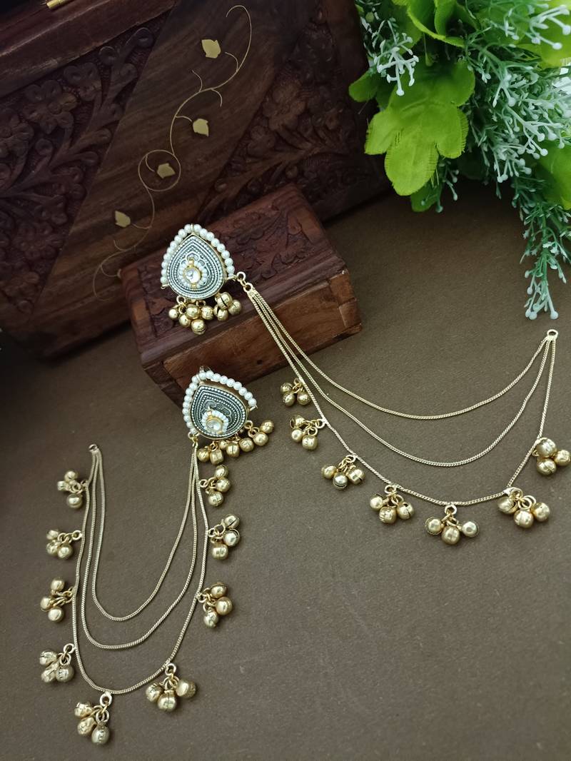 Gold-plated kashmiri ear chains with multi-layer ghungroo drops