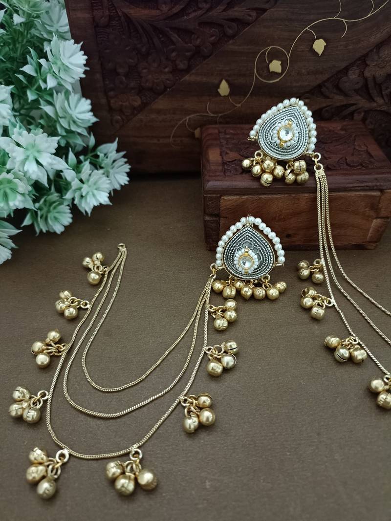 Gold-plated kashmiri ear chains with multi-layer ghungroo drops