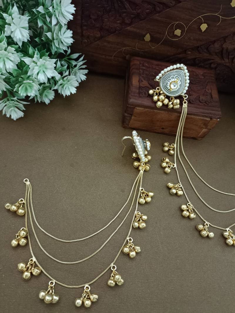 Gold-plated kashmiri ear chains with multi-layer ghungroo drops