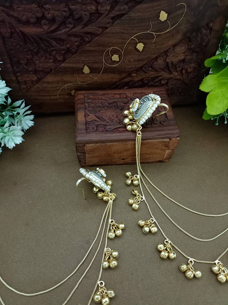 Gold-plated kashmiri ear chains with multi-layer ghungroo drops