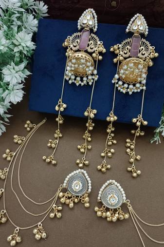 Gold-plated kashmiri long jhumka earrings with matching ear chains
