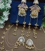 Gold-plated kashmiri long jhumka earrings with matching ear chains