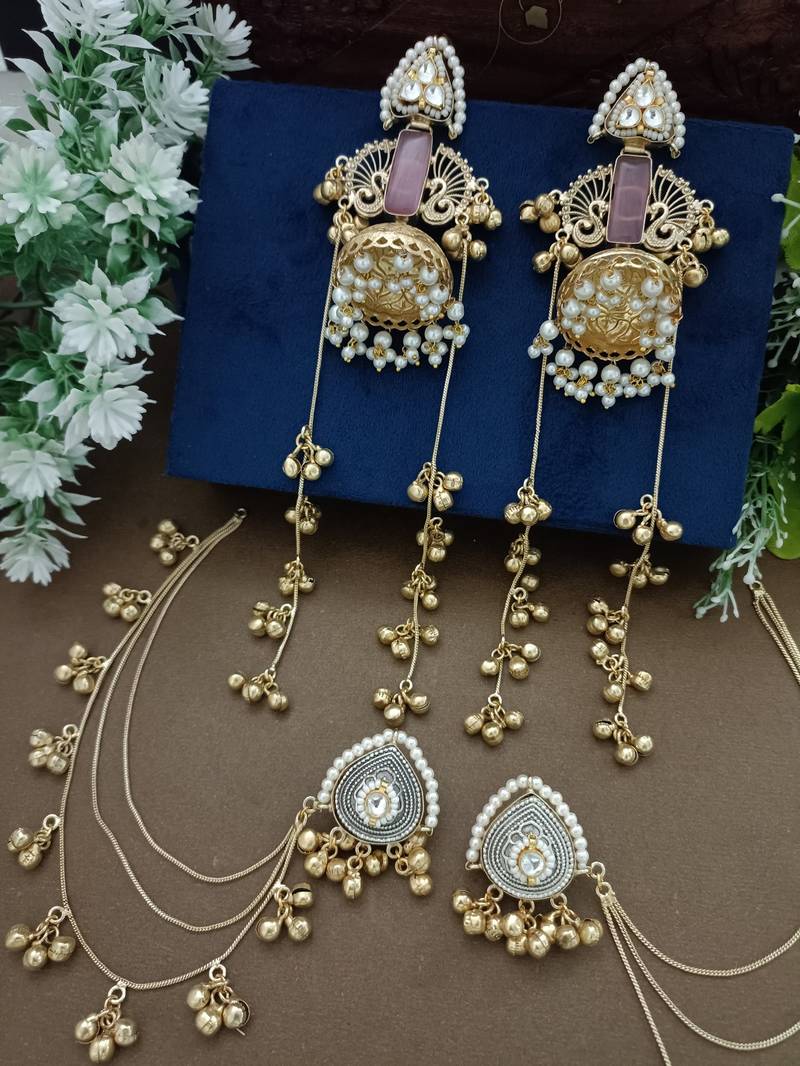Gold-plated kashmiri long jhumka earrings with matching ear chains