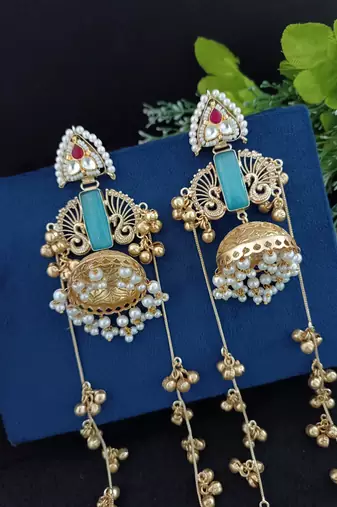 Gold-plated kashmiri long jhumka earrings with pearl & ghungroo chains