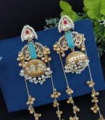 Gold-plated kashmiri long jhumka earrings with pearl & ghungroo chains