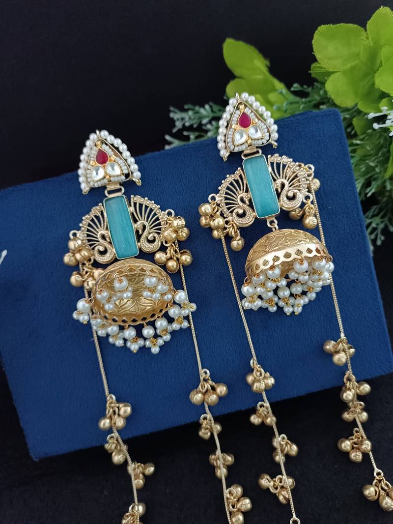 Gold-plated kashmiri long jhumka earrings with pearl & ghungroo chains