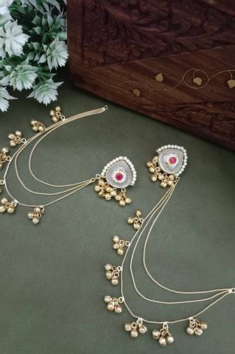 Gold-plated kashmiri ear chains with multi-layer ghungroo drops