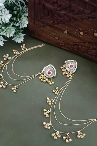 Gold-plated kashmiri ear chains with multi-layer ghungroo drops