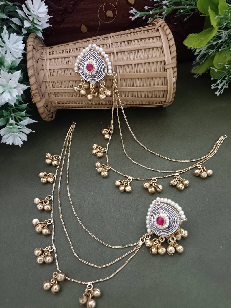 Gold-plated kashmiri ear chains with multi-layer ghungroo drops