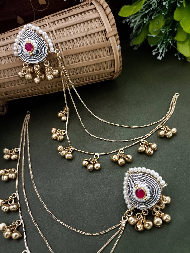 Gold-plated kashmiri ear chains with multi-layer ghungroo drops