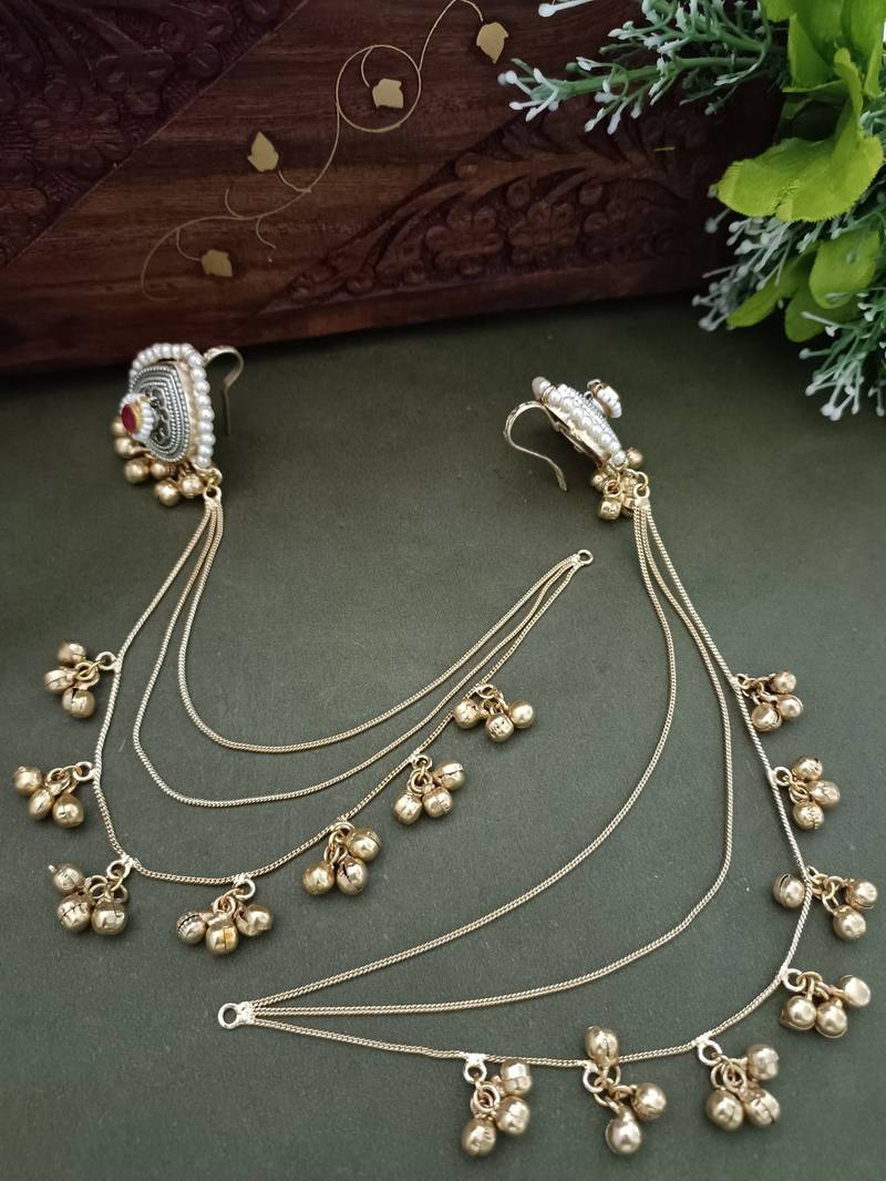 Gold-plated kashmiri ear chains with multi-layer ghungroo drops