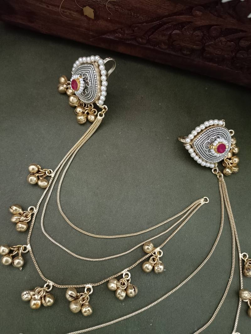 Gold-plated kashmiri ear chains with multi-layer ghungroo drops
