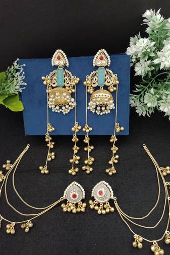 Gold-plated kashmiri long jhumka earrings with matching ear chains
