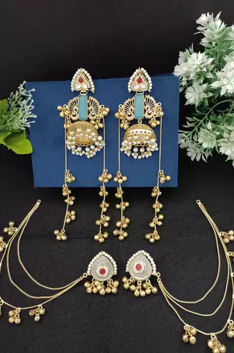 Gold-plated kashmiri long jhumka earrings with matching ear chains