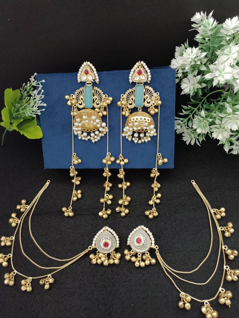 Gold-plated kashmiri long jhumka earrings with matching ear chains