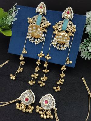 Gold-plated kashmiri long jhumka earrings with matching ear chains 2