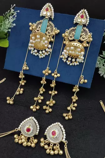 Gold-plated kashmiri long jhumka earrings with matching ear chains