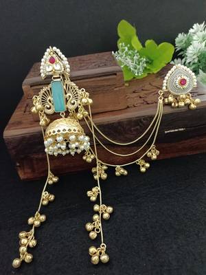 Gold-plated kashmiri long jhumka earrings with matching ear chains 3