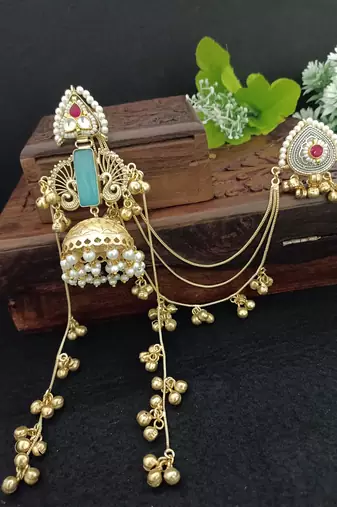 Gold-plated kashmiri long jhumka earrings with matching ear chains