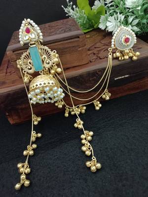 Gold-plated kashmiri long jhumka earrings with matching ear chains 4
