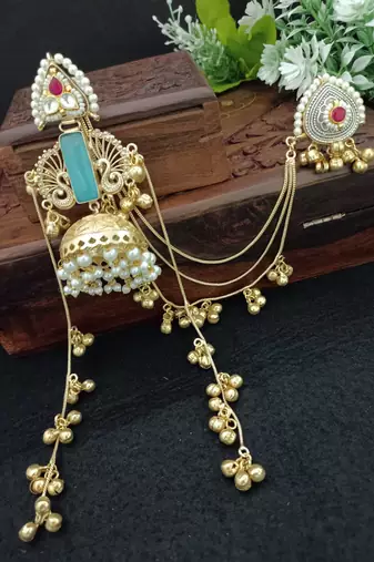 Gold-plated kashmiri long jhumka earrings with matching ear chains