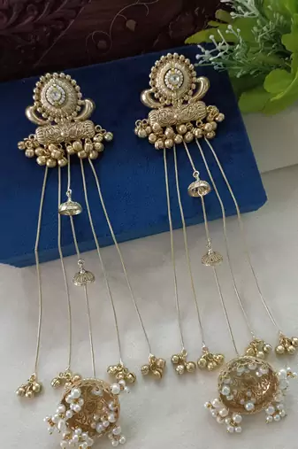 Gold-plated kashmiri long jhumka earrings with pearl & ghungroo chains