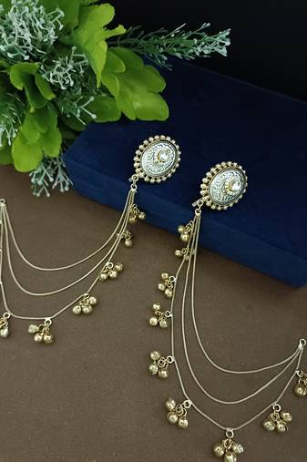 Gold-plated kashmiri ear chains with multi-layer ghungroo drops