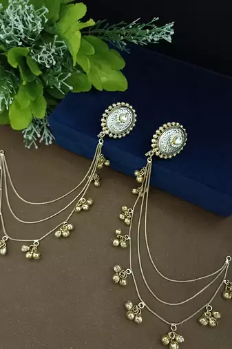 Gold-plated kashmiri ear chains with multi-layer ghungroo drops