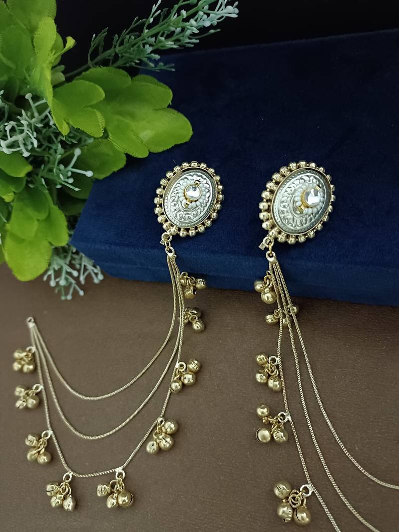 Gold-plated kashmiri ear chains with multi-layer ghungroo drops