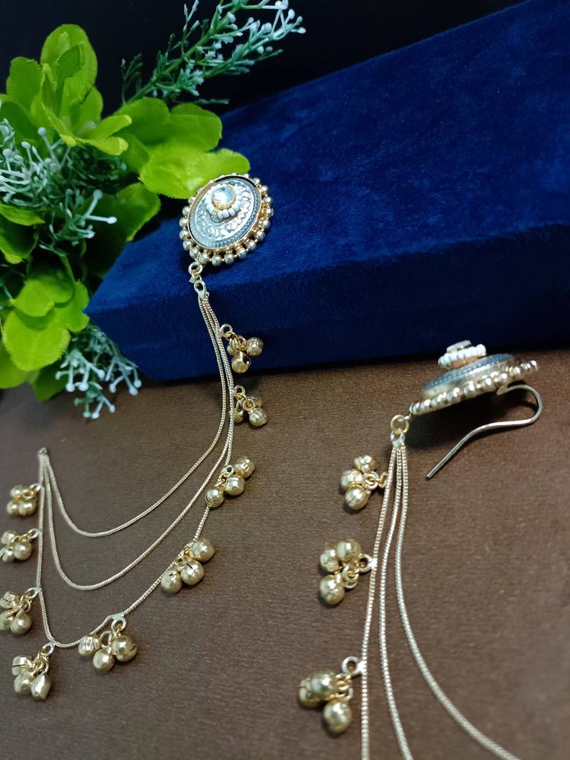 Gold-plated kashmiri ear chains with multi-layer ghungroo drops