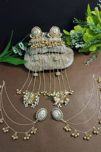 Gold-plated kashmiri long jhumka earrings with matching ear chains