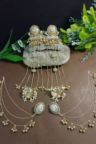 Gold-plated kashmiri long jhumka earrings with matching ear chains