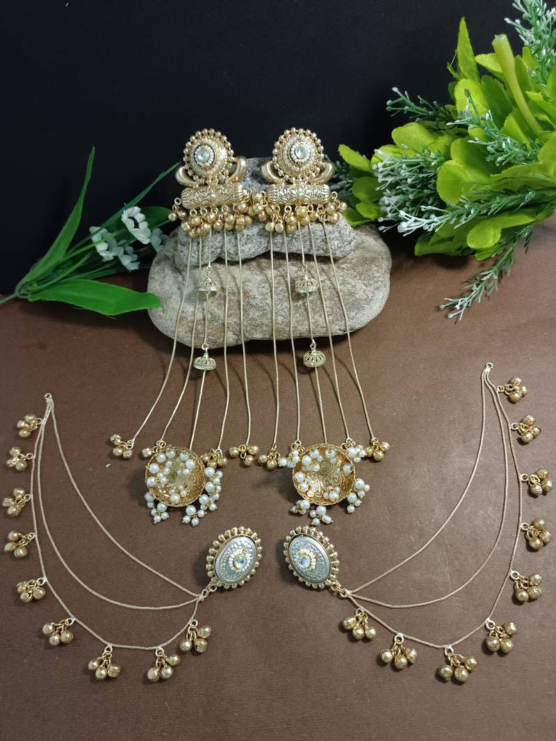 Gold-plated kashmiri long jhumka earrings with matching ear chains