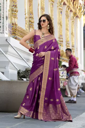 magenta satin silk blend with beautiful zari weaving border & designer pallu