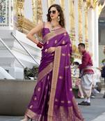 magenta satin silk blend with beautiful zari weaving border & designer pallu
