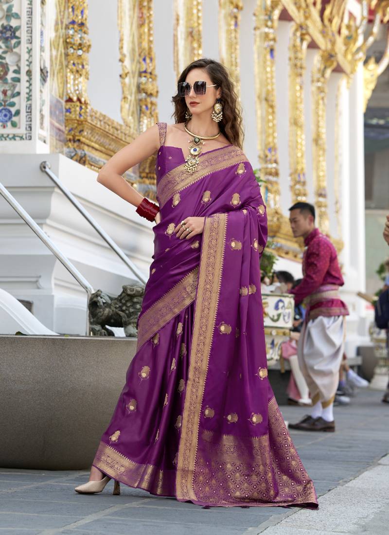 magenta satin silk blend with beautiful zari weaving border & designer pallu