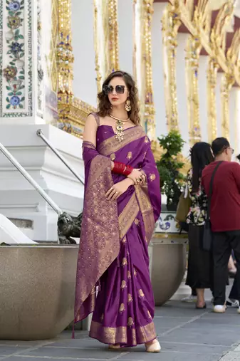 magenta satin silk blend with beautiful zari weaving border & designer pallu