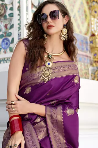 magenta satin silk blend with beautiful zari weaving border & designer pallu