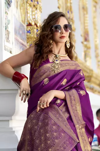 magenta satin silk blend with beautiful zari weaving border & designer pallu