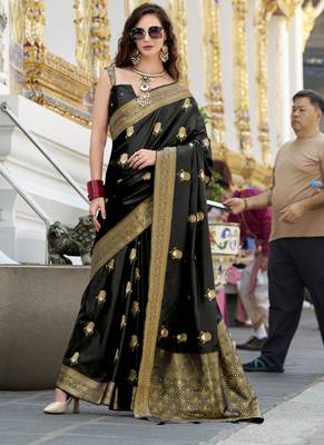 black satin silk blend with beautiful zari weaving border & designer pallu 1