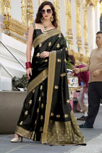 black satin silk blend with beautiful zari weaving border & designer pallu