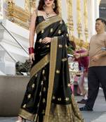 black satin silk blend with beautiful zari weaving border & designer pallu