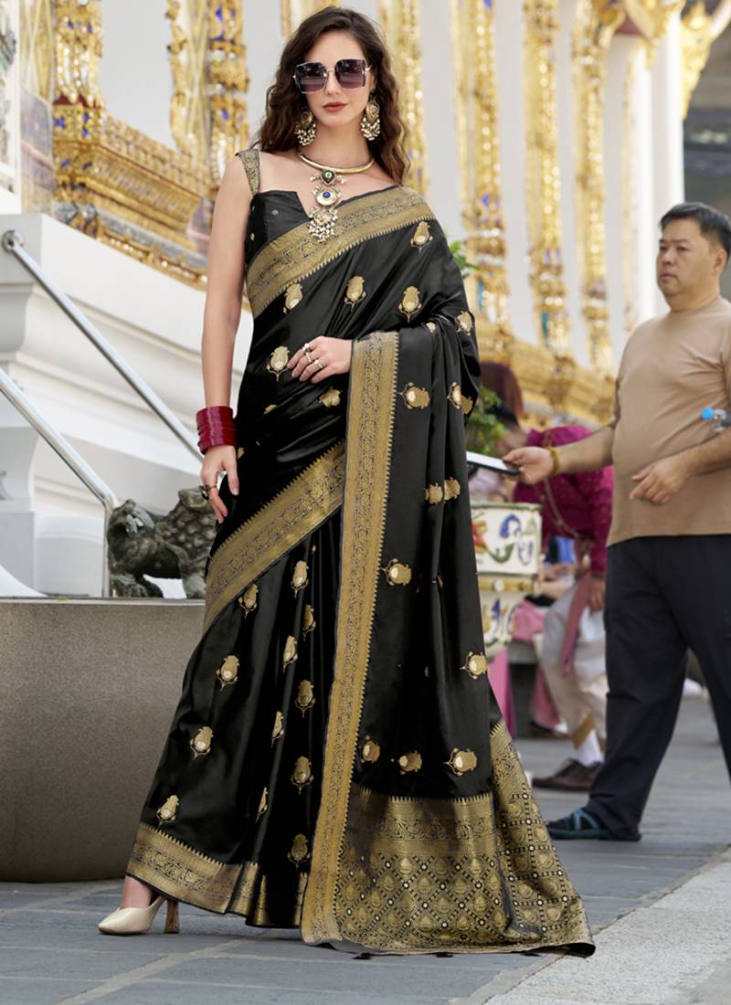 black satin silk blend with beautiful zari weaving border & designer pallu