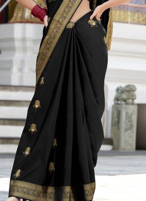 black satin silk blend with beautiful zari weaving border & designer pallu 3