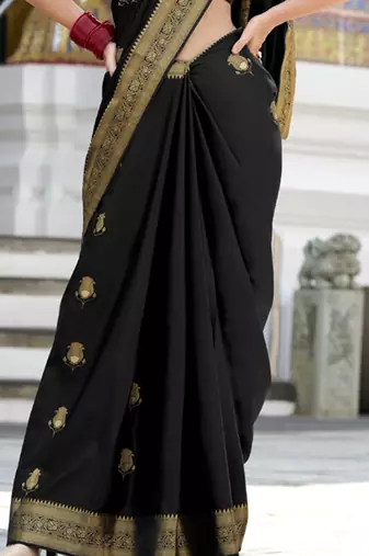 black satin silk blend with beautiful zari weaving border & designer pallu