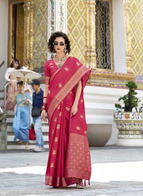 crimson satin silk blend with beautiful zari weaving border & designer pallu 1