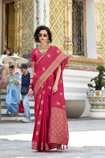 crimson satin silk blend with beautiful zari weaving border & designer pallu