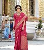 crimson satin silk blend with beautiful zari weaving border & designer pallu